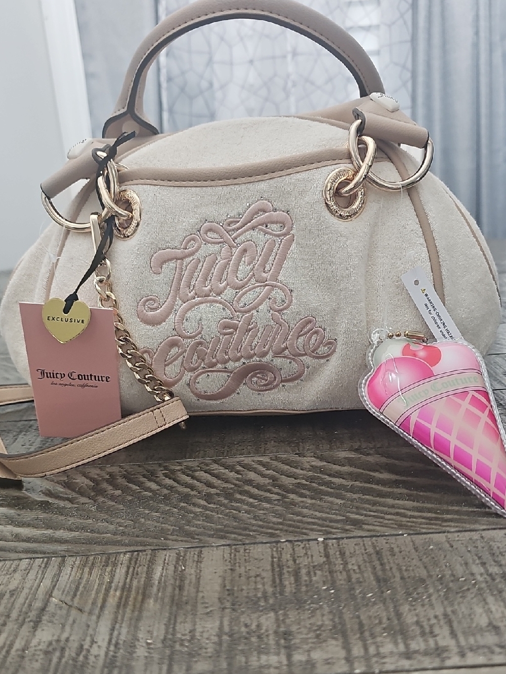 Juicy Couture Beige & Pink Embroidered Dome Satchel